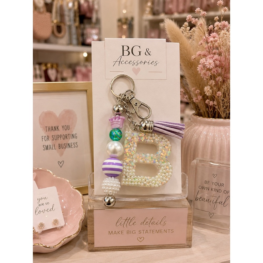 BG & Accessories Personalized Initial Resin Glitter Keychain Clip Bead Bar Charm